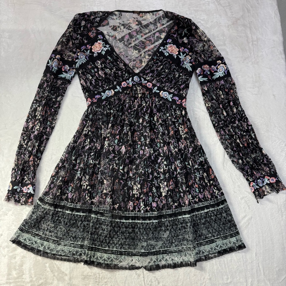 Free People Black Tiered A-line Dress with Cuffed Long Sleeves